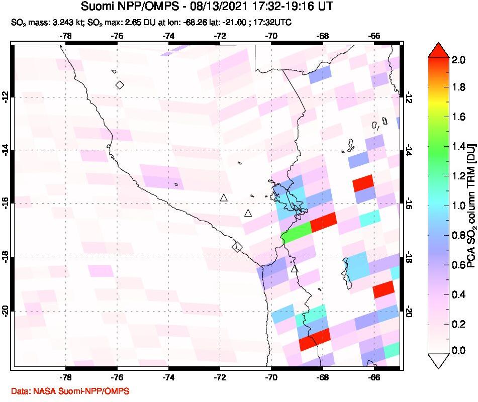 A sulfur dioxide image over Peru on Aug 13, 2021.