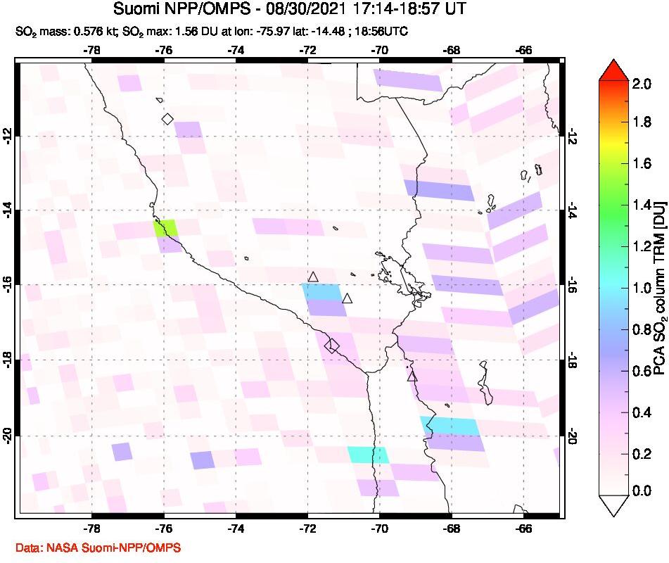 A sulfur dioxide image over Peru on Aug 30, 2021.