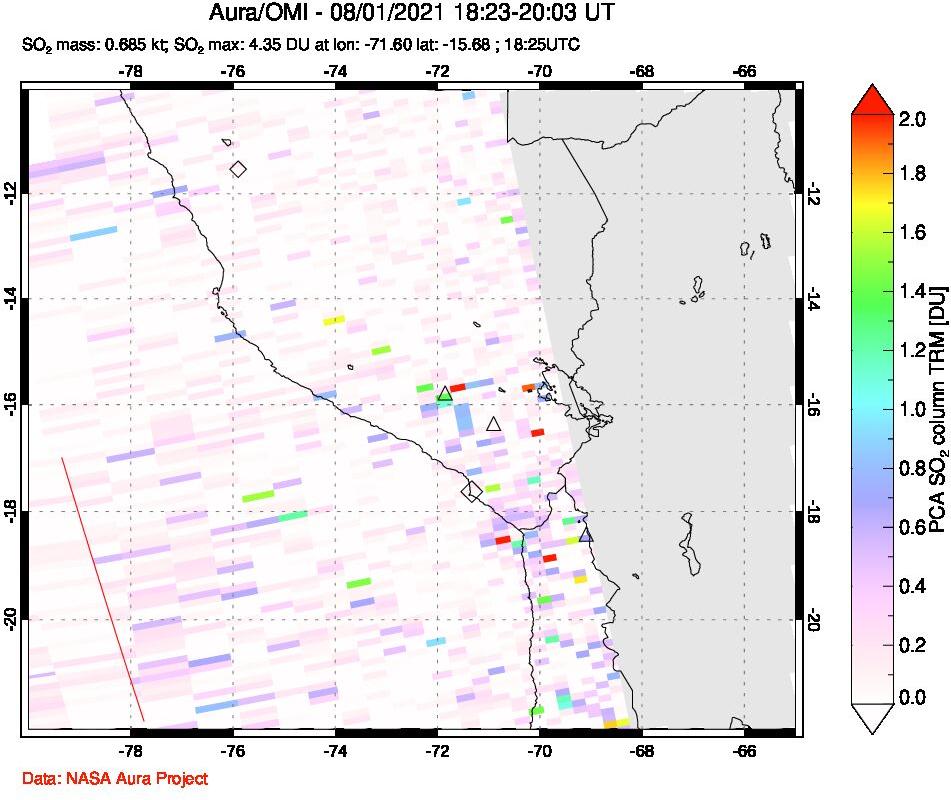 A sulfur dioxide image over Peru on Aug 01, 2021.