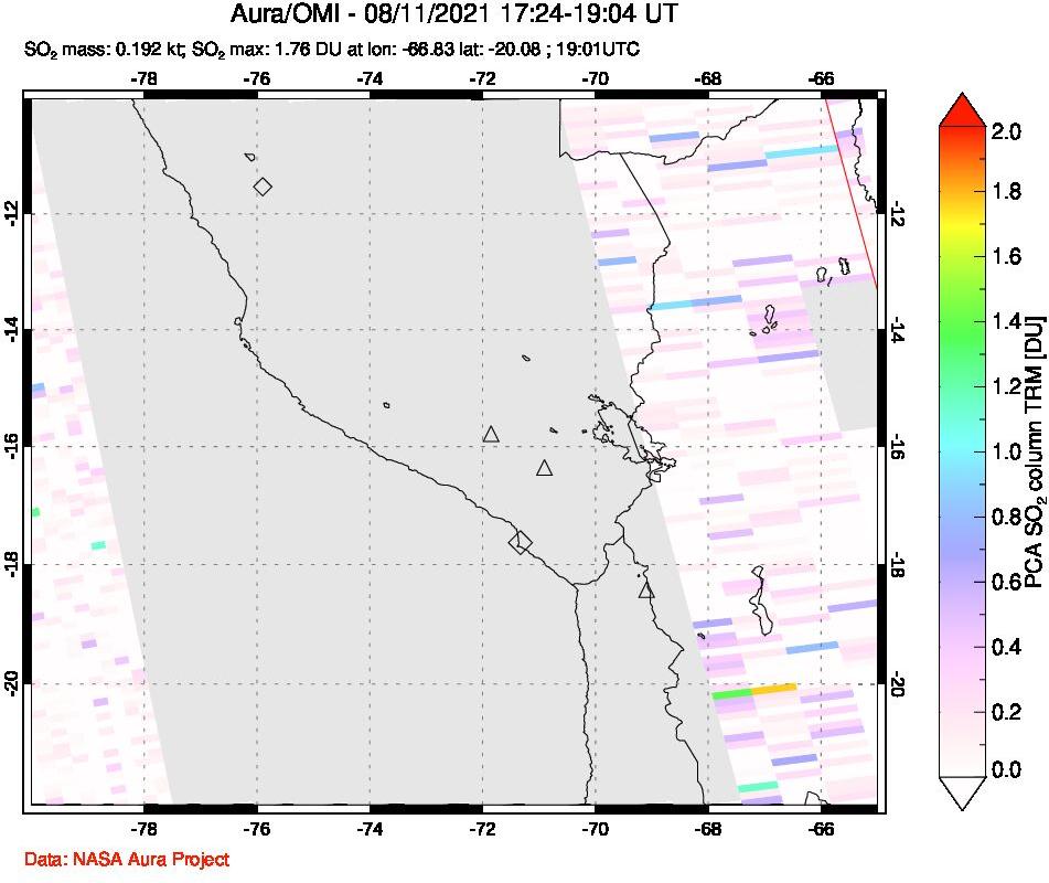 A sulfur dioxide image over Peru on Aug 11, 2021.