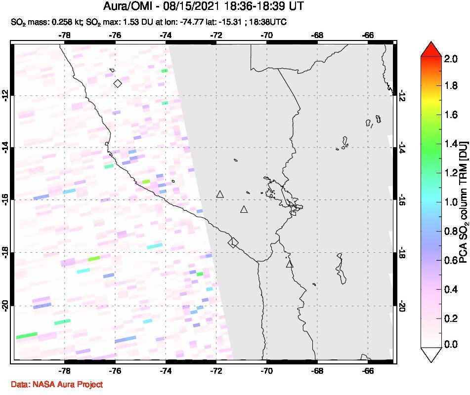 A sulfur dioxide image over Peru on Aug 15, 2021.