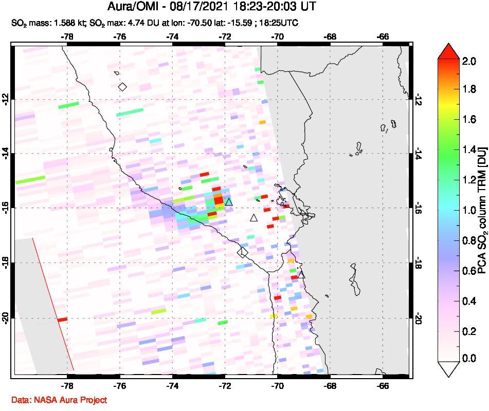 A sulfur dioxide image over Peru on Aug 17, 2021.