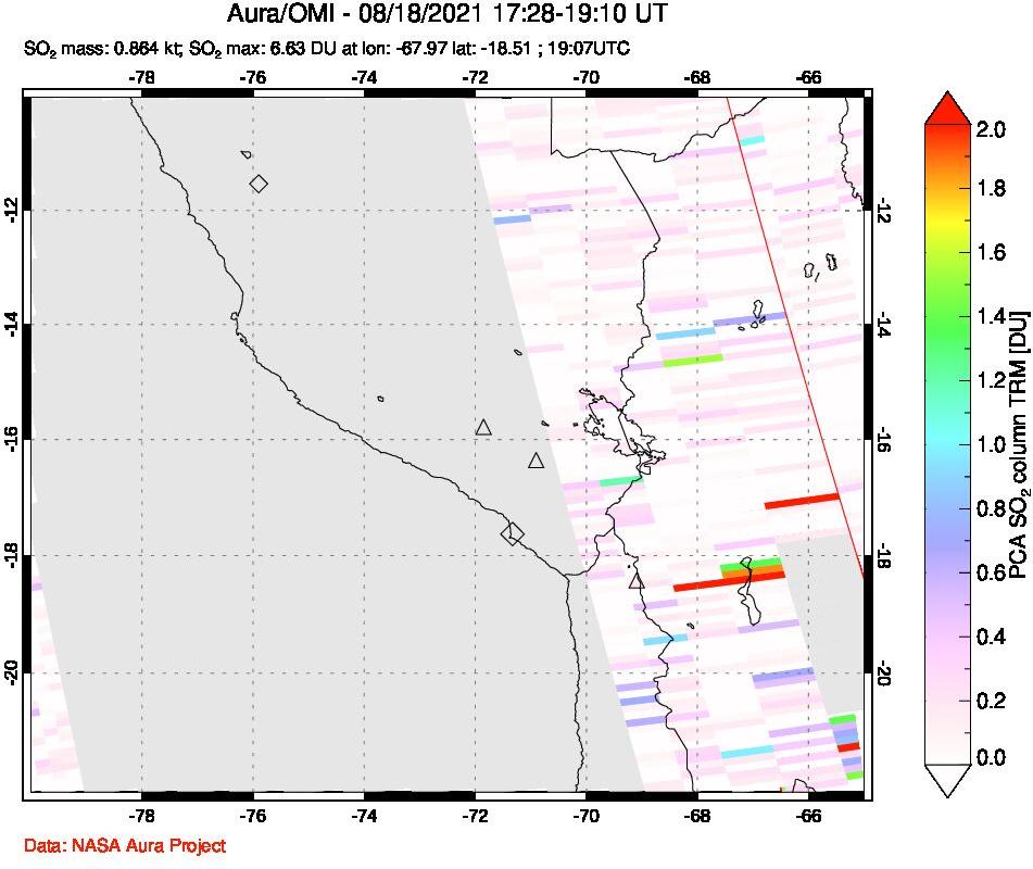A sulfur dioxide image over Peru on Aug 18, 2021.