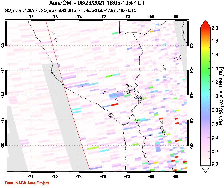 A sulfur dioxide image over Peru on Aug 28, 2021.
