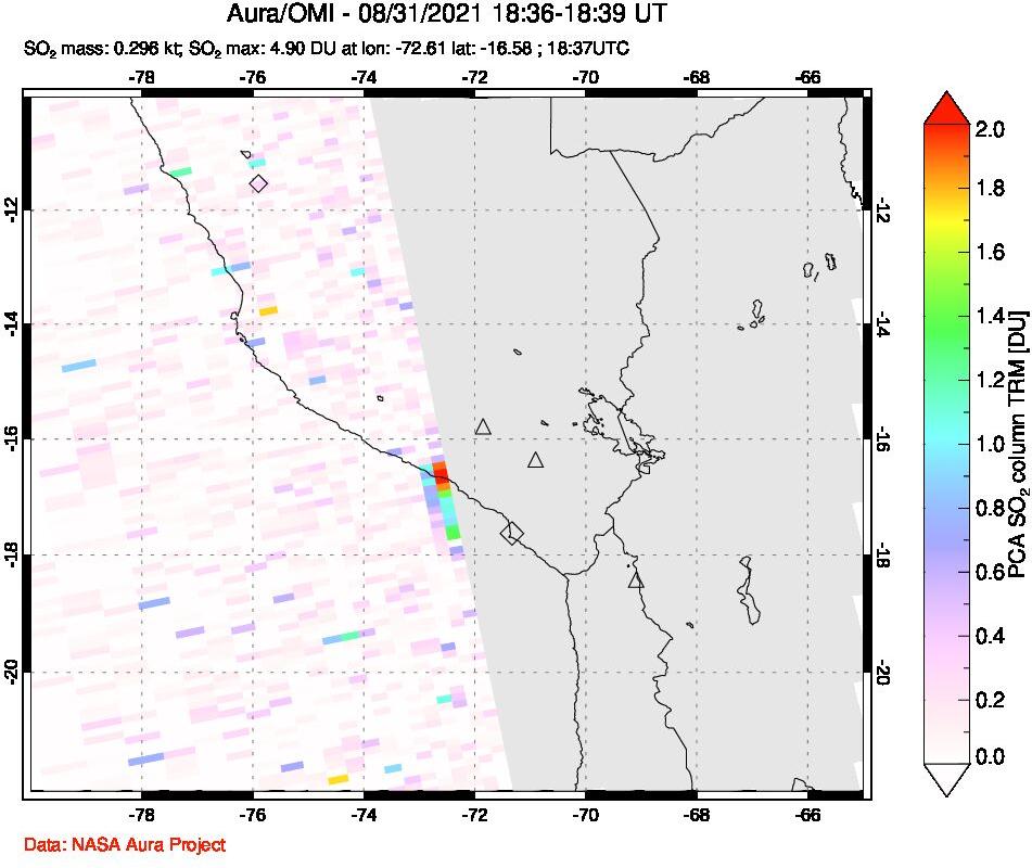 A sulfur dioxide image over Peru on Aug 31, 2021.