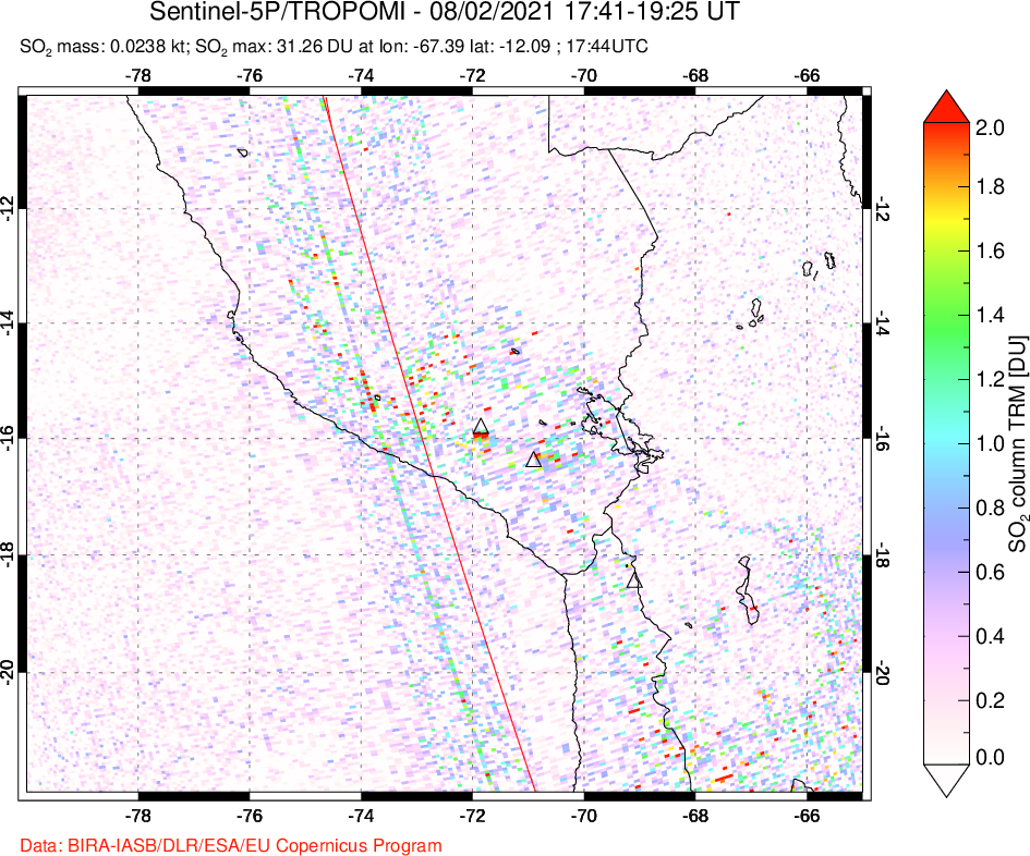 A sulfur dioxide image over Peru on Aug 02, 2021.