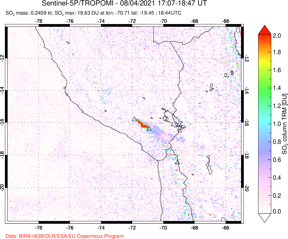 A sulfur dioxide image over Peru on Aug 04, 2021.