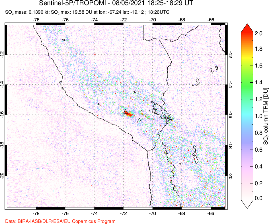 A sulfur dioxide image over Peru on Aug 05, 2021.