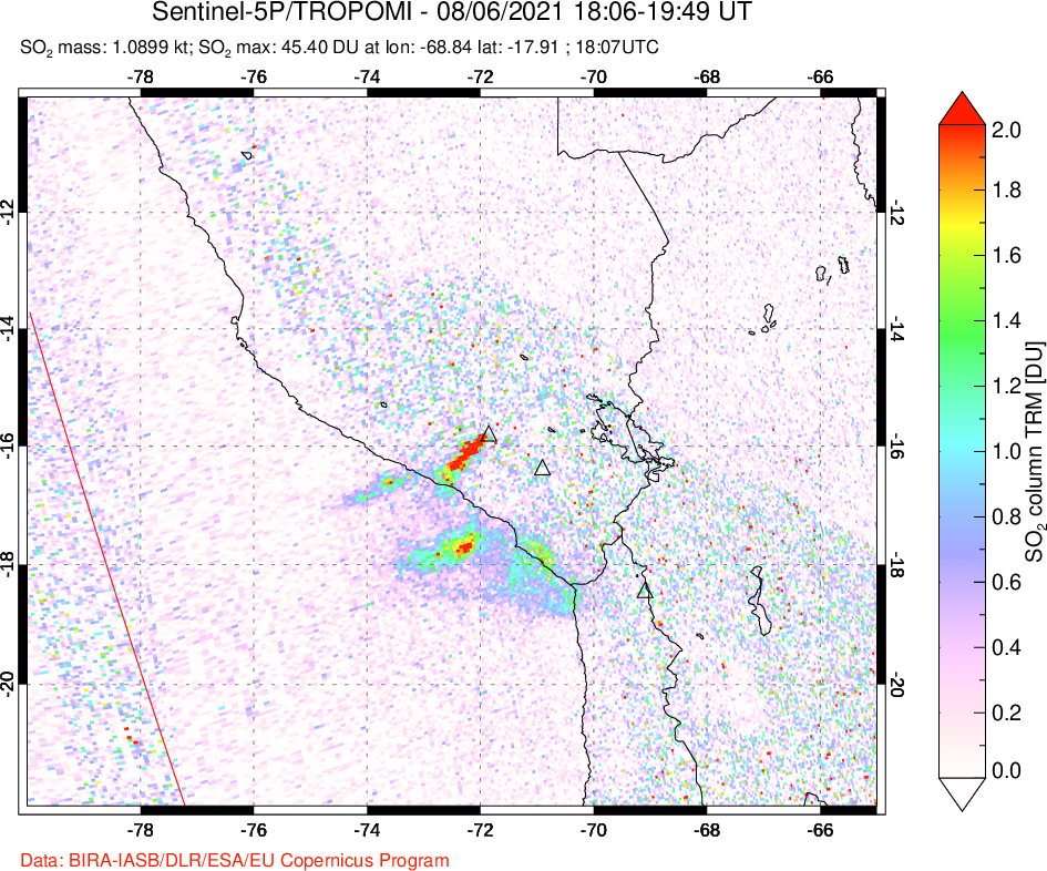 A sulfur dioxide image over Peru on Aug 06, 2021.