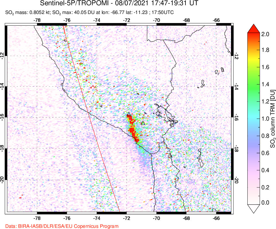 A sulfur dioxide image over Peru on Aug 07, 2021.