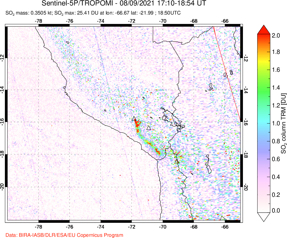 A sulfur dioxide image over Peru on Aug 09, 2021.