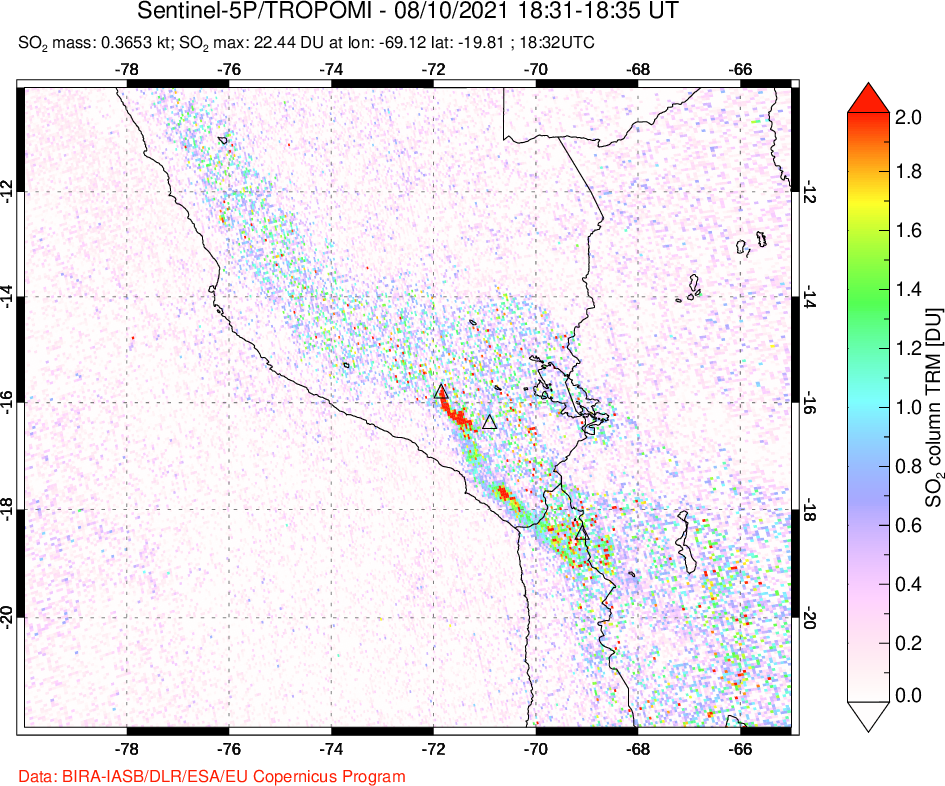 A sulfur dioxide image over Peru on Aug 10, 2021.