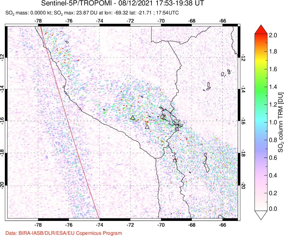 A sulfur dioxide image over Peru on Aug 12, 2021.