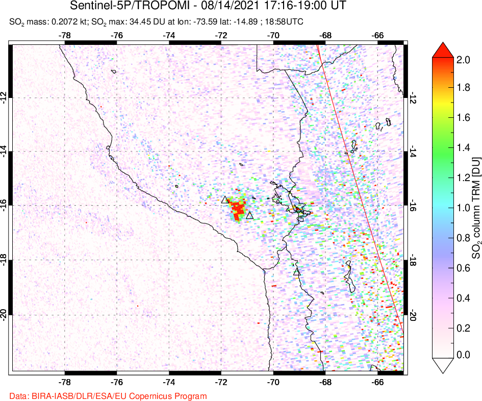A sulfur dioxide image over Peru on Aug 14, 2021.