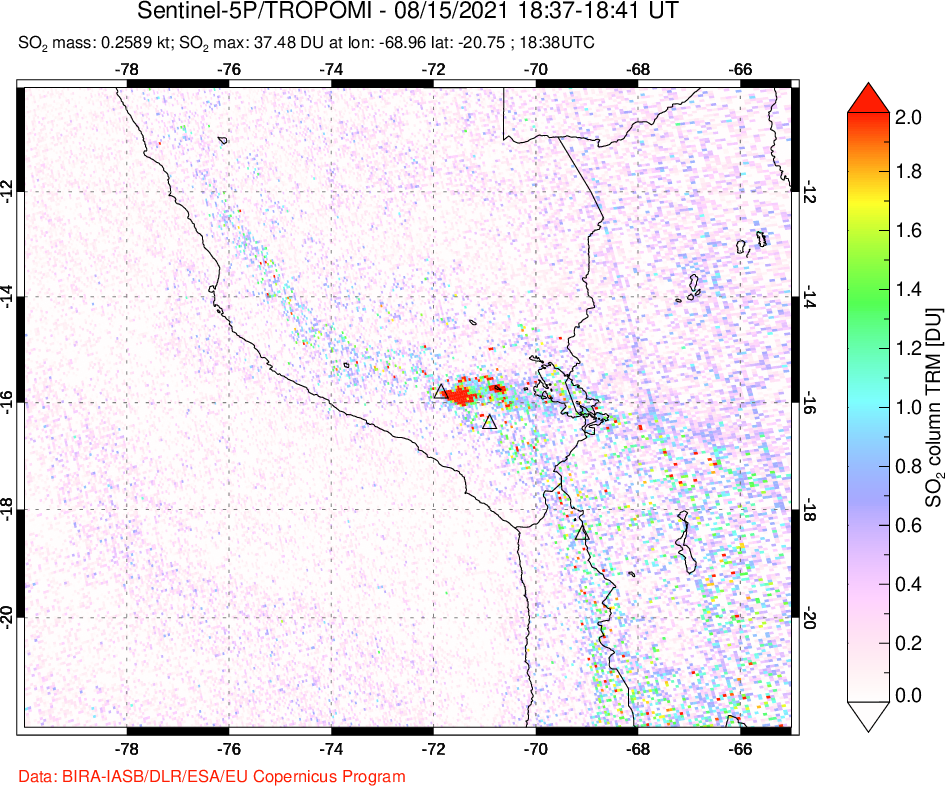 A sulfur dioxide image over Peru on Aug 15, 2021.
