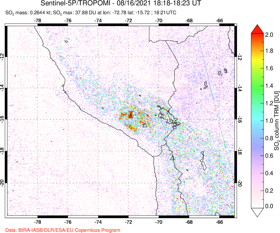 A sulfur dioxide image over Peru on Aug 16, 2021.
