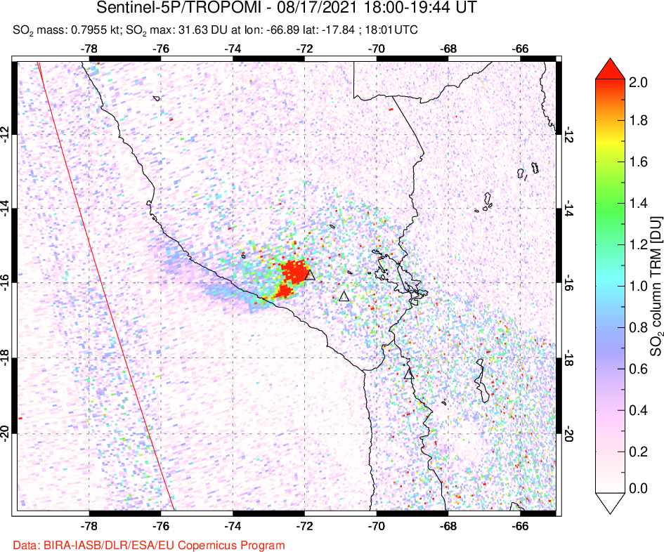 A sulfur dioxide image over Peru on Aug 17, 2021.