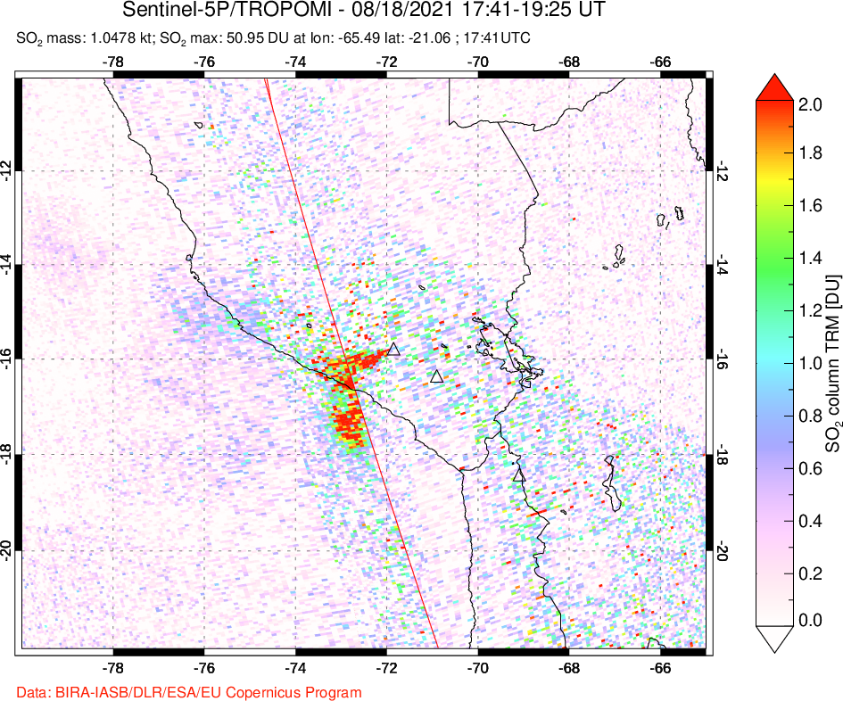 A sulfur dioxide image over Peru on Aug 18, 2021.