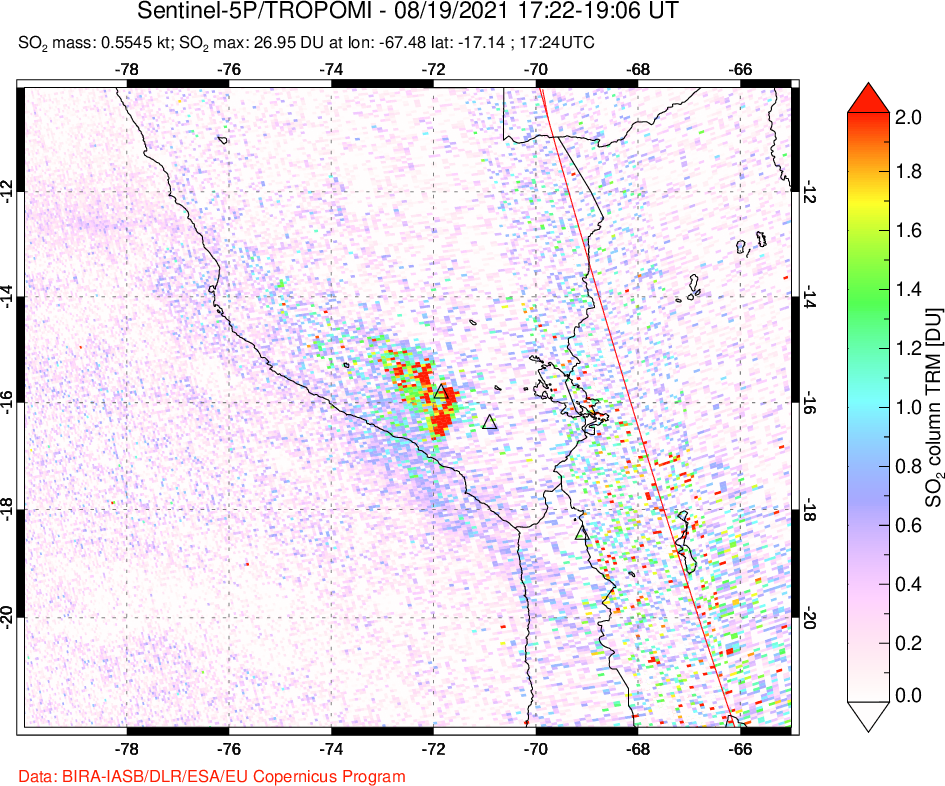 A sulfur dioxide image over Peru on Aug 19, 2021.
