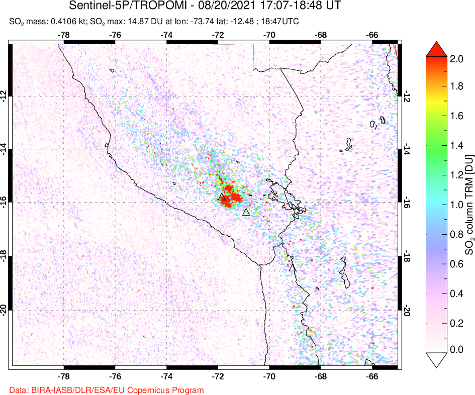 A sulfur dioxide image over Peru on Aug 20, 2021.