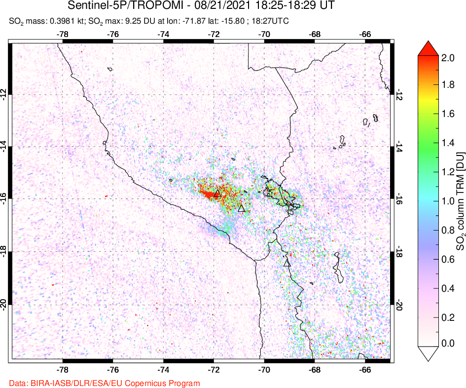 A sulfur dioxide image over Peru on Aug 21, 2021.