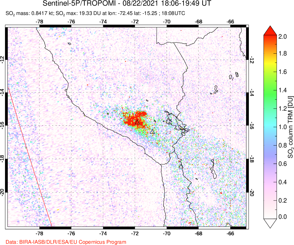 A sulfur dioxide image over Peru on Aug 22, 2021.