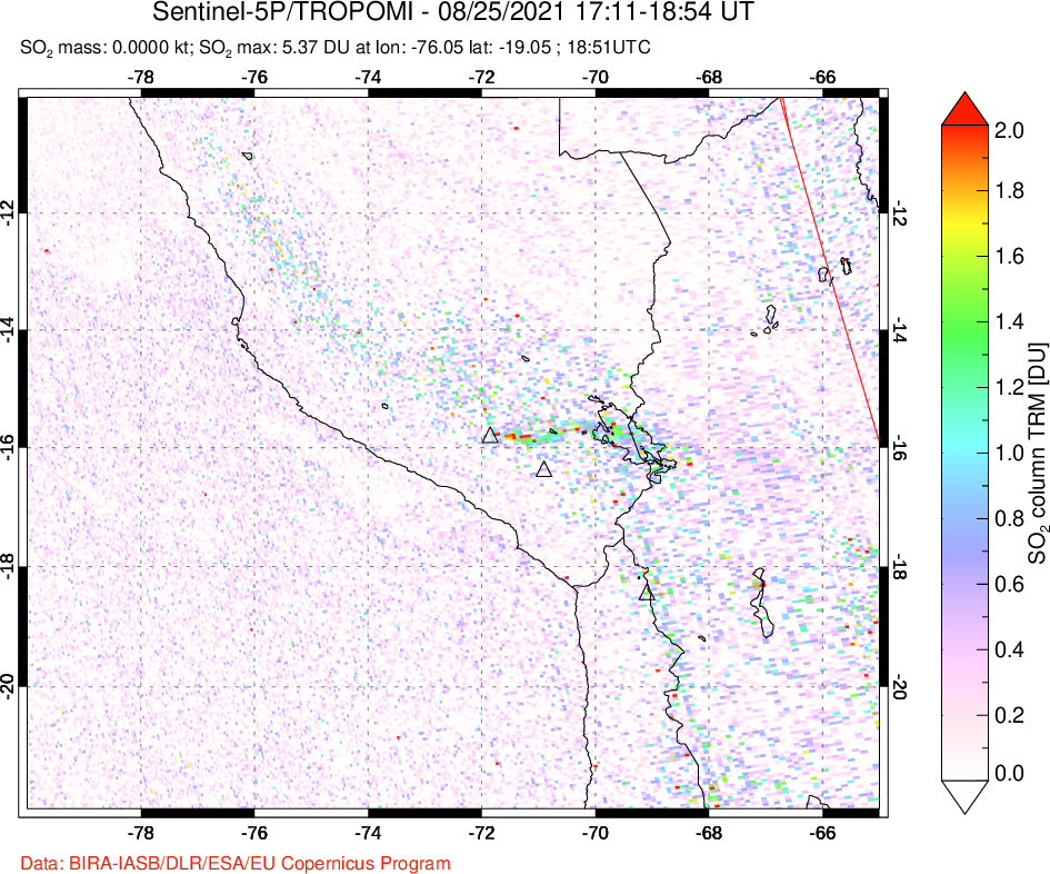 A sulfur dioxide image over Peru on Aug 25, 2021.