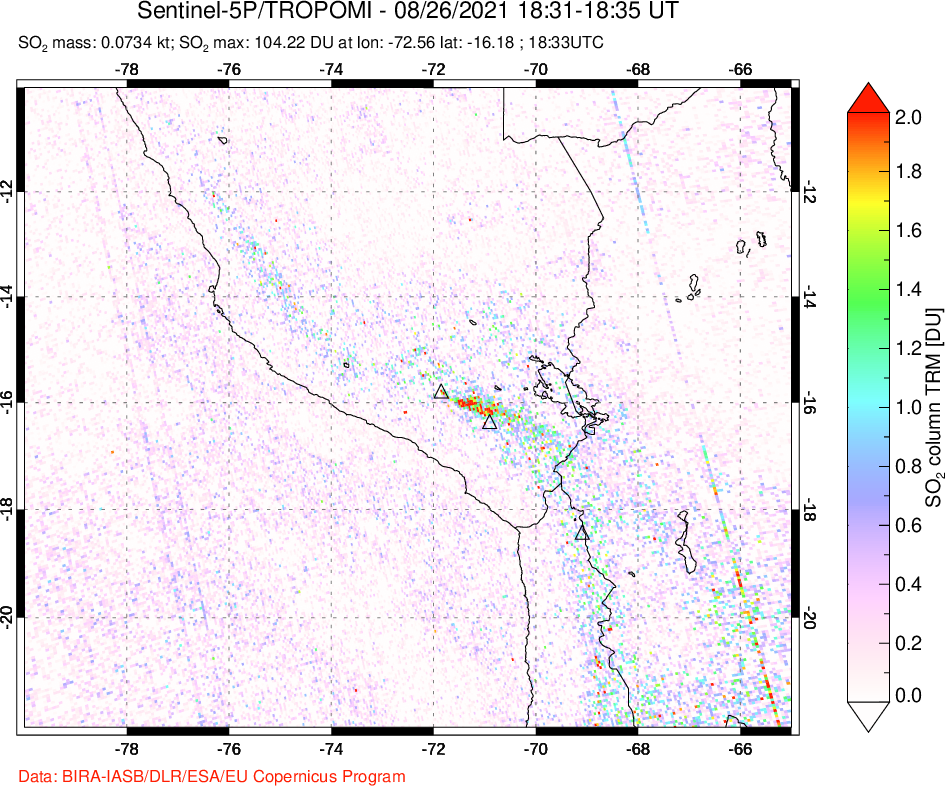 A sulfur dioxide image over Peru on Aug 26, 2021.