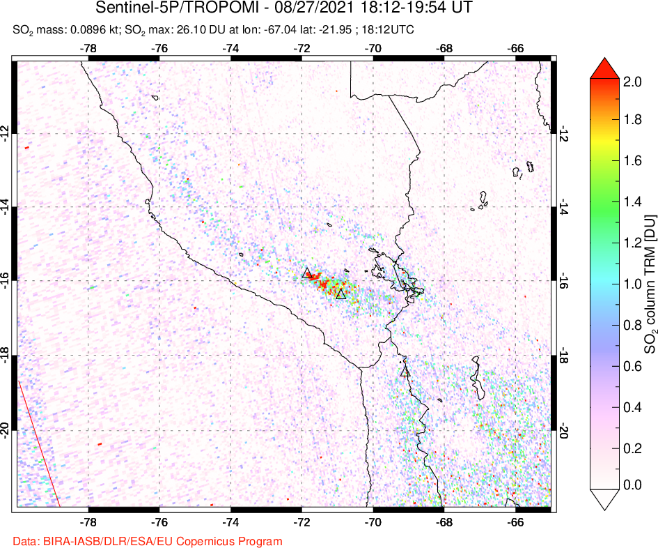A sulfur dioxide image over Peru on Aug 27, 2021.