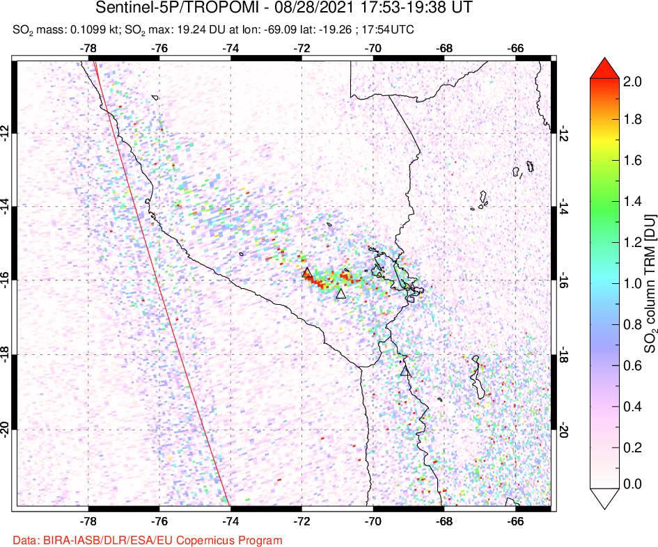 A sulfur dioxide image over Peru on Aug 28, 2021.