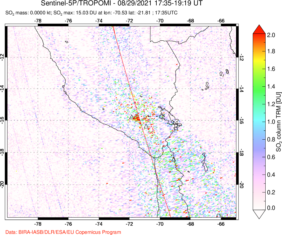 A sulfur dioxide image over Peru on Aug 29, 2021.
