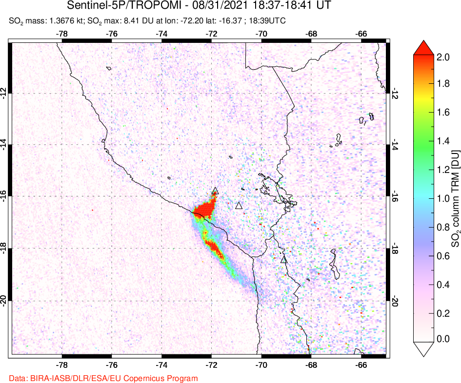 A sulfur dioxide image over Peru on Aug 31, 2021.
