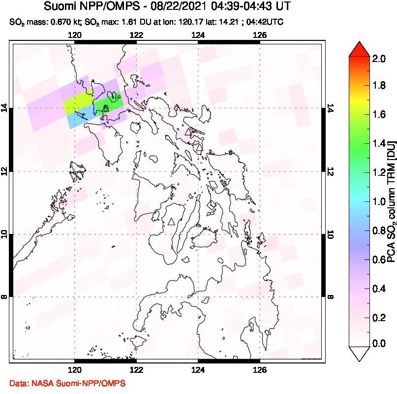 A sulfur dioxide image over Philippines on Aug 22, 2021.