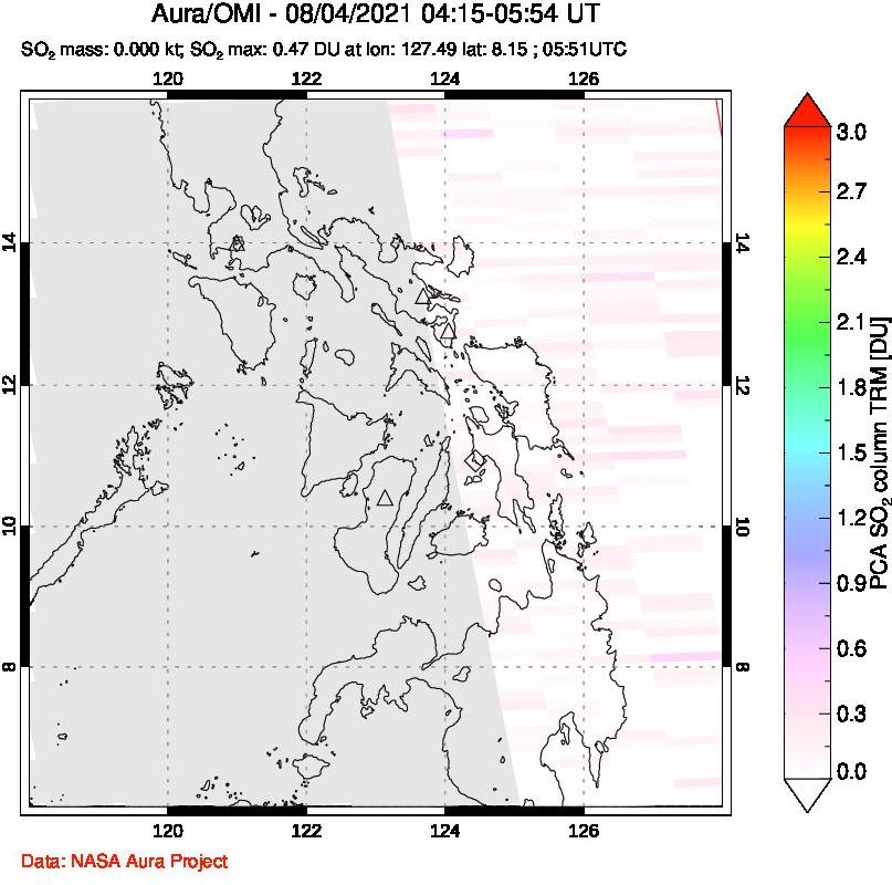 A sulfur dioxide image over Philippines on Aug 04, 2021.