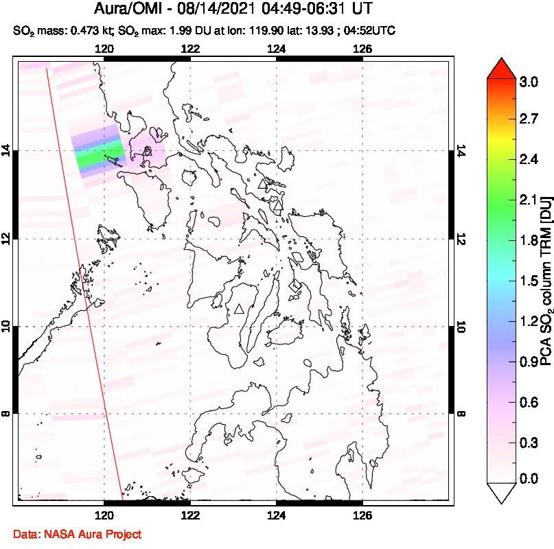 A sulfur dioxide image over Philippines on Aug 14, 2021.