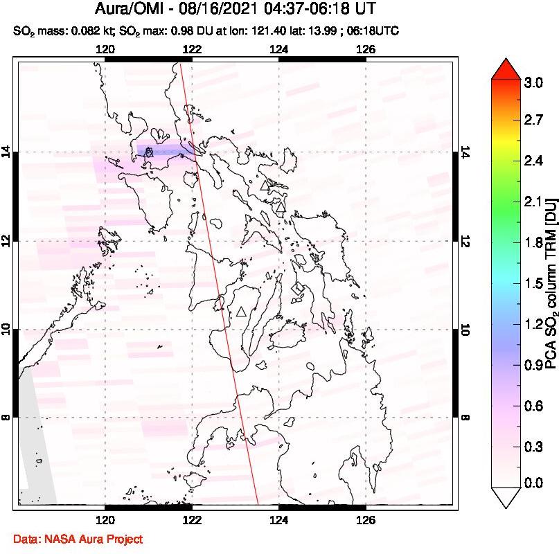 A sulfur dioxide image over Philippines on Aug 16, 2021.
