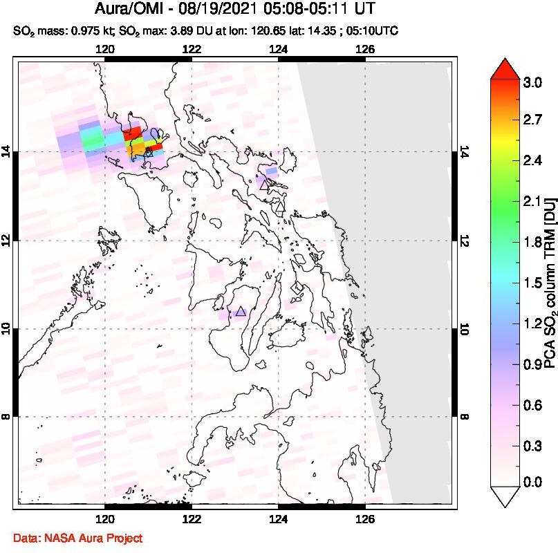 A sulfur dioxide image over Philippines on Aug 19, 2021.