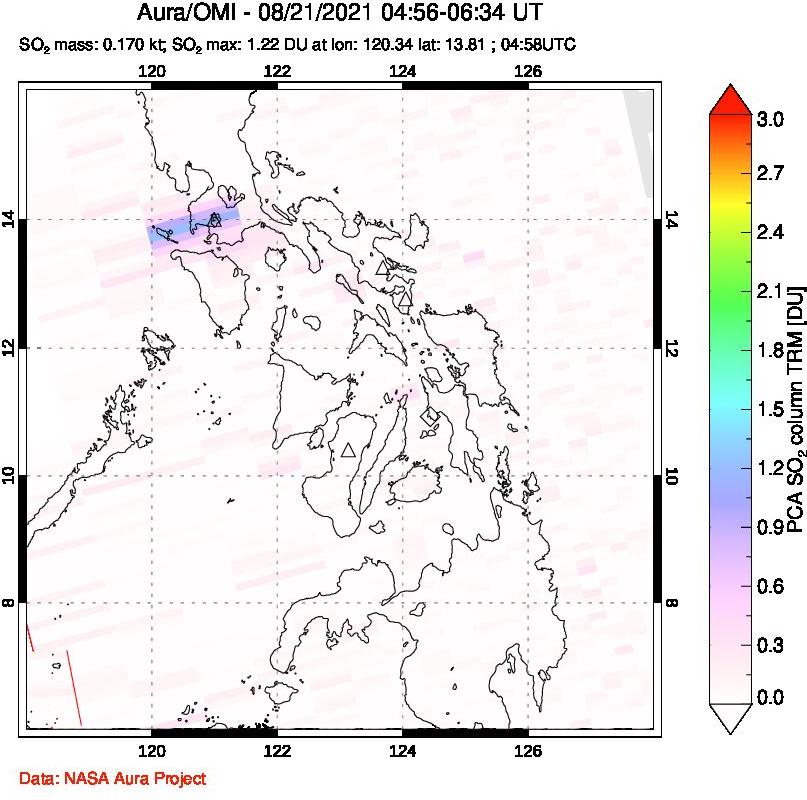 A sulfur dioxide image over Philippines on Aug 21, 2021.