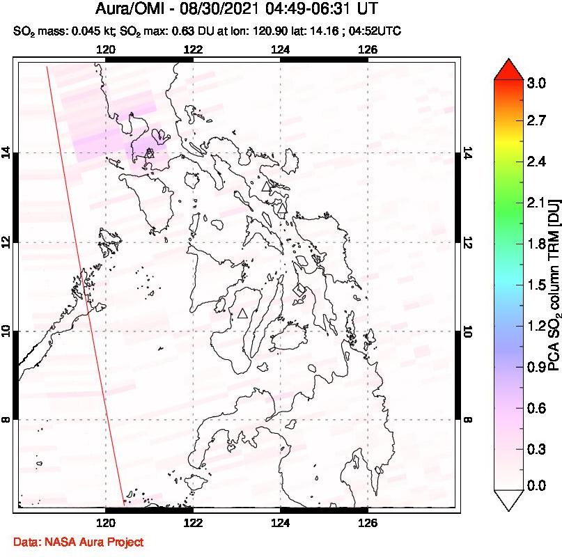 A sulfur dioxide image over Philippines on Aug 30, 2021.