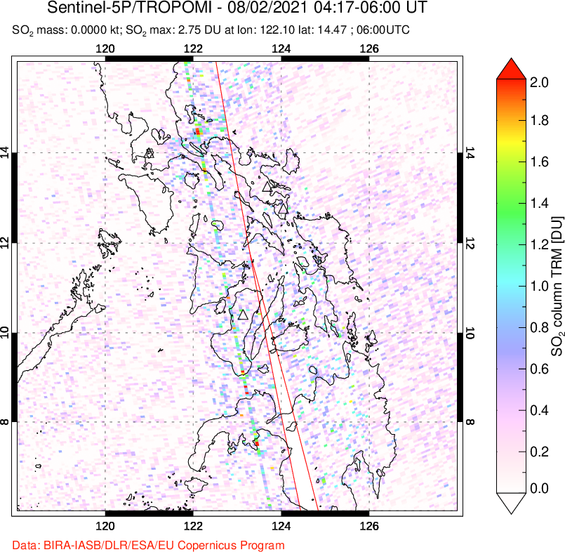 A sulfur dioxide image over Philippines on Aug 02, 2021.