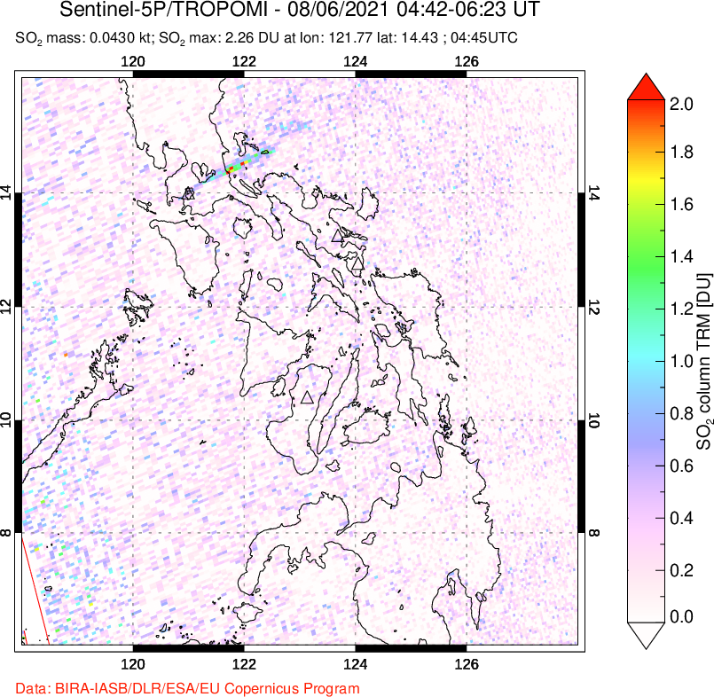 A sulfur dioxide image over Philippines on Aug 06, 2021.