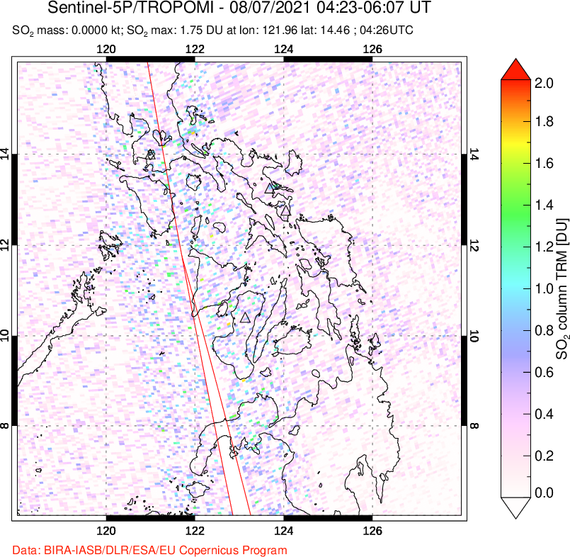 A sulfur dioxide image over Philippines on Aug 07, 2021.