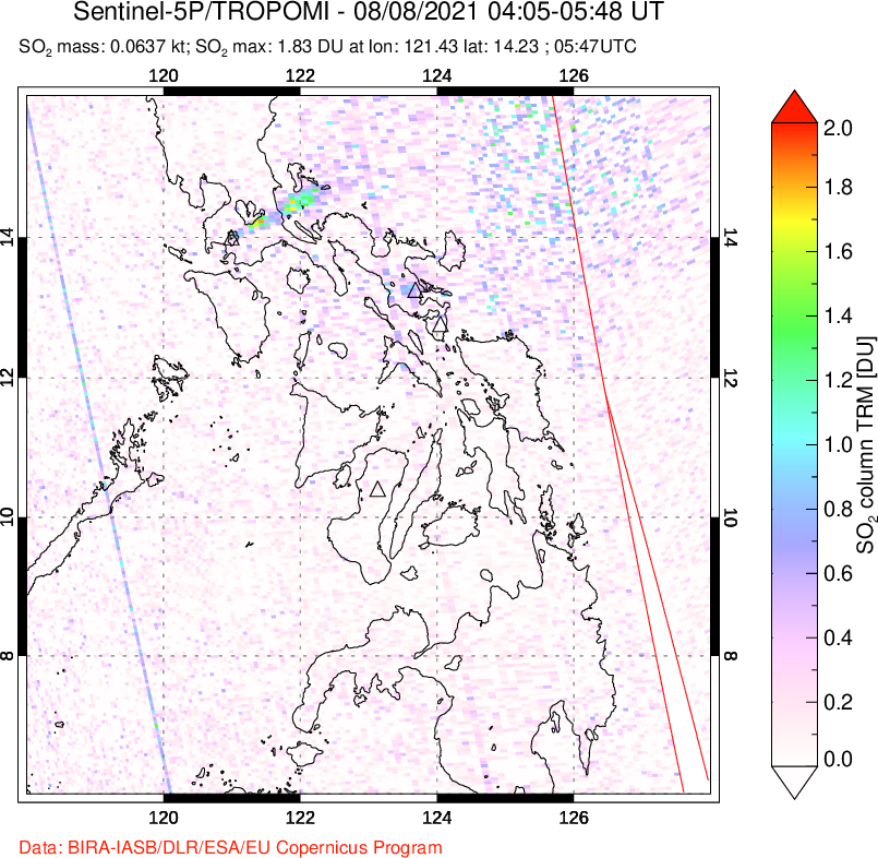 A sulfur dioxide image over Philippines on Aug 08, 2021.