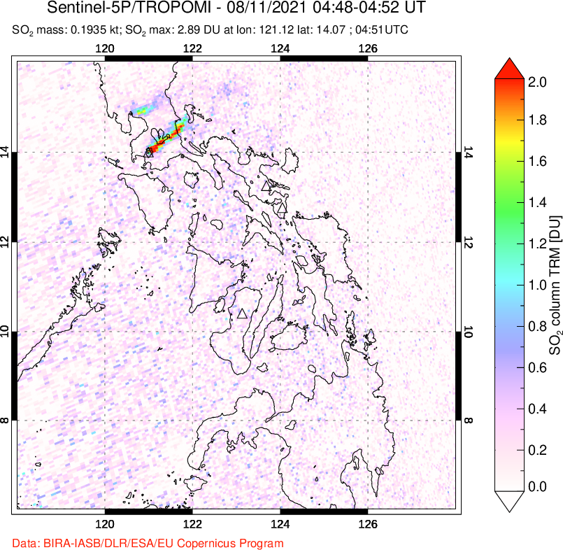 A sulfur dioxide image over Philippines on Aug 11, 2021.