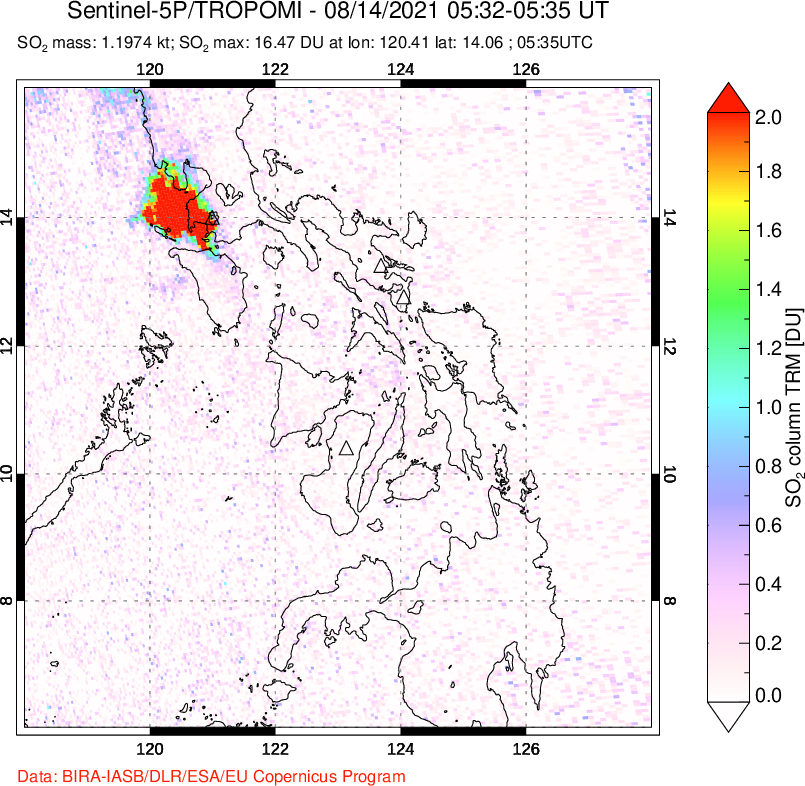 A sulfur dioxide image over Philippines on Aug 14, 2021.