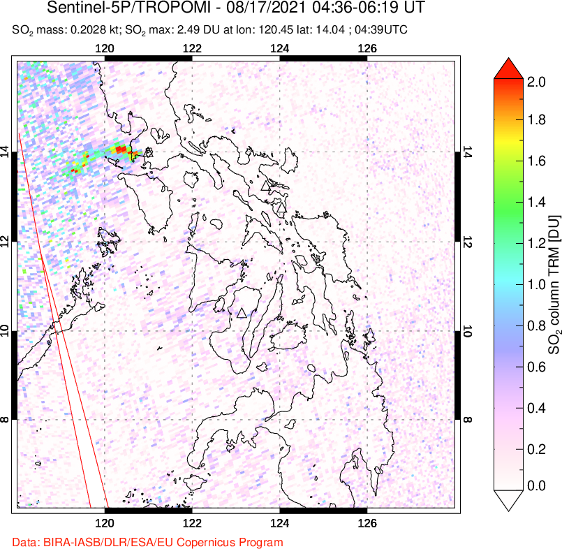 A sulfur dioxide image over Philippines on Aug 17, 2021.