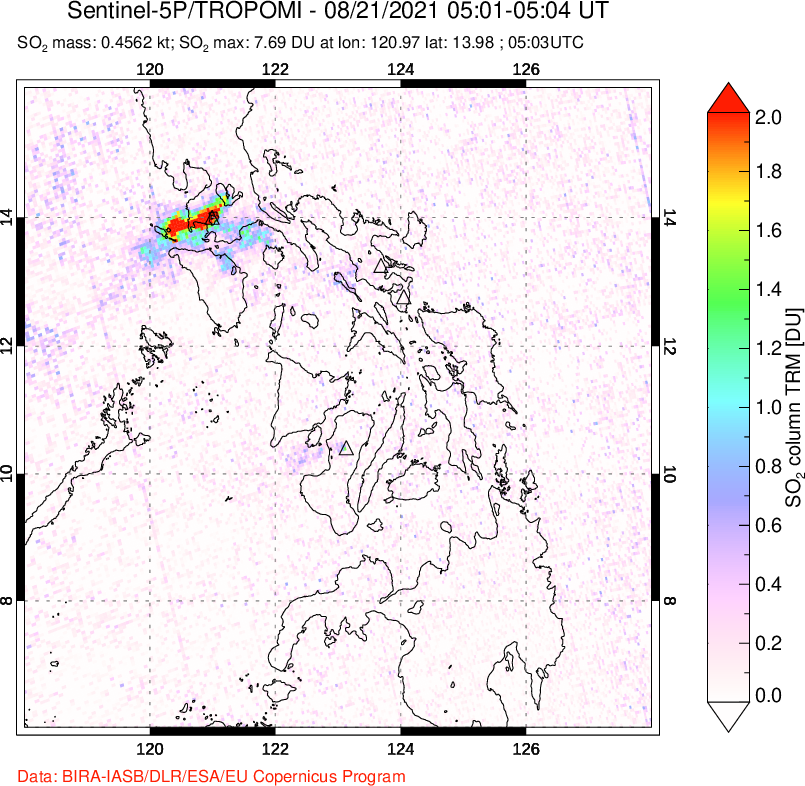 A sulfur dioxide image over Philippines on Aug 21, 2021.