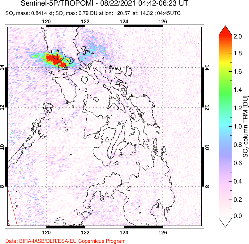 A sulfur dioxide image over Philippines on Aug 22, 2021.