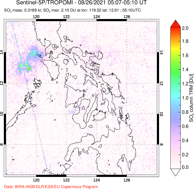 A sulfur dioxide image over Philippines on Aug 26, 2021.