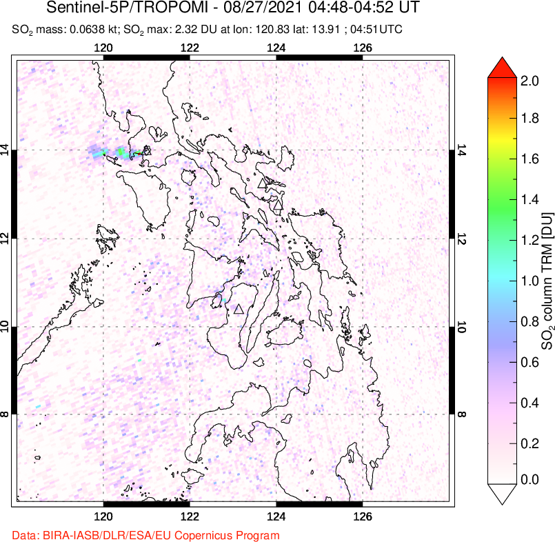 A sulfur dioxide image over Philippines on Aug 27, 2021.